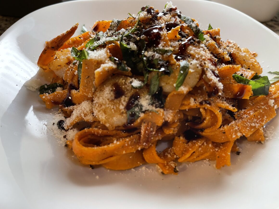 IMG_6999-1160x870 Shrimp pasta with basil and balsamic glaze.