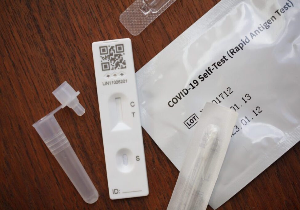 Close up of a coronavirus covid-19 rapid antigen home testing kit.